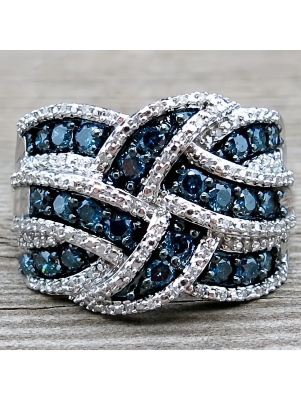 Silver Tone Blue & White CZ Woven Band Ring